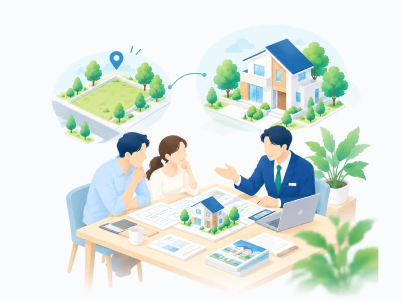 理想の住まいを見つめる家族のイラスト