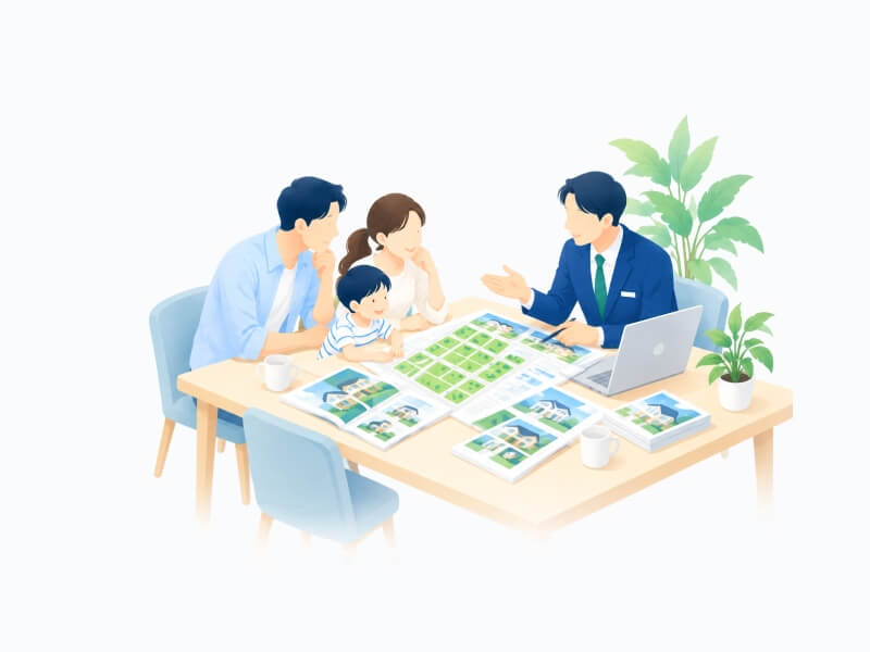 地図を見る家族と街並みのイラスト