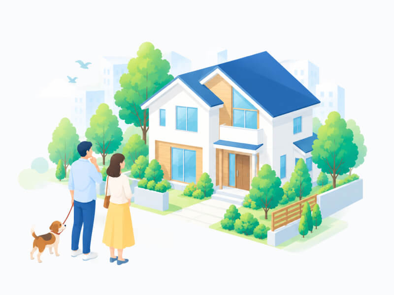 犬の散歩をする家族と住宅街のイラスト
